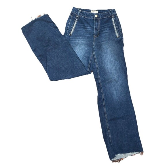 OAT New York High Rise Wide Leg Jeans Size 4/27 Rhinestone Pocket Detail Raw Hem - Picture 1 of 7